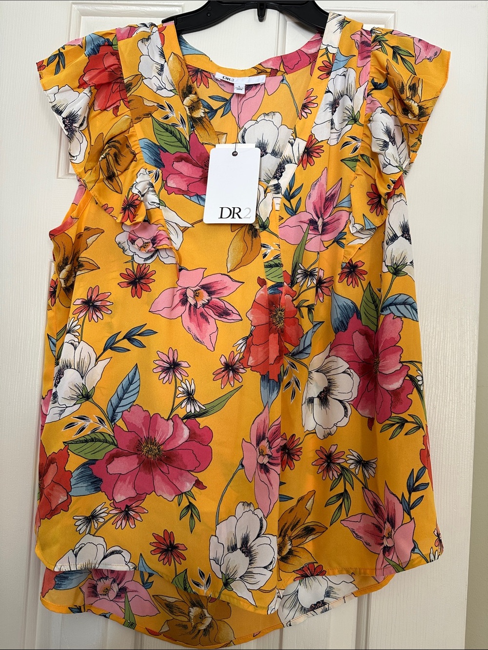 DR2 Yellow Floral Flutter-Sleeve Dress with Pink & White Blooms